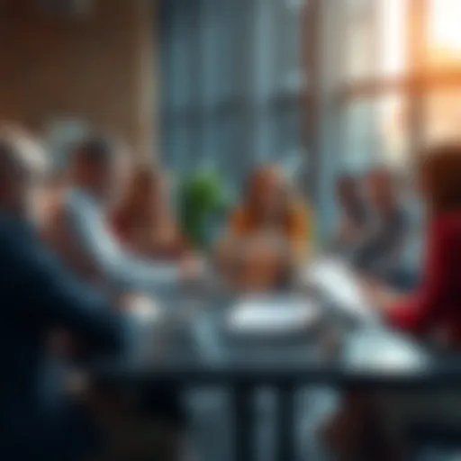 A group of diverse people discussing investment opportunities around a table with laptops and charts.