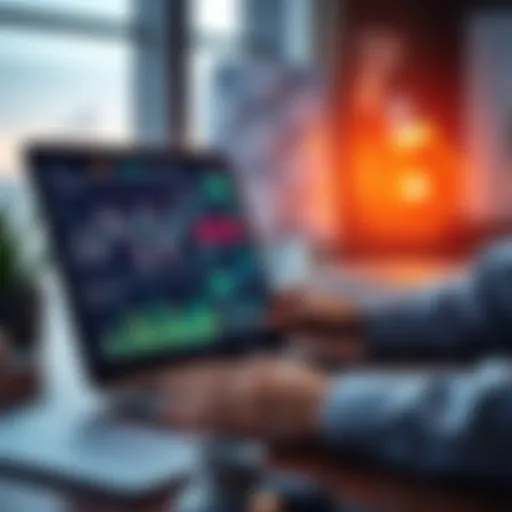 A graphic showing a person analyzing DeFi platforms on a laptop with charts and graphs in the background, symbolizing dollar-cost averaging for long-term returns