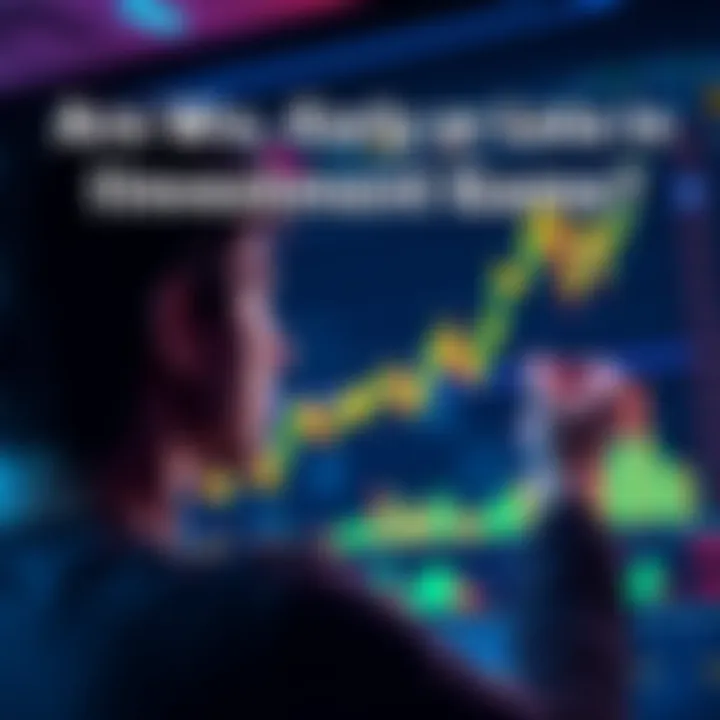 A person analyzing a stock market chart with upward and downward trends, pondering investment decisions.