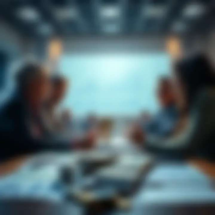 A group of people debates investment strategies with charts and money on a table.