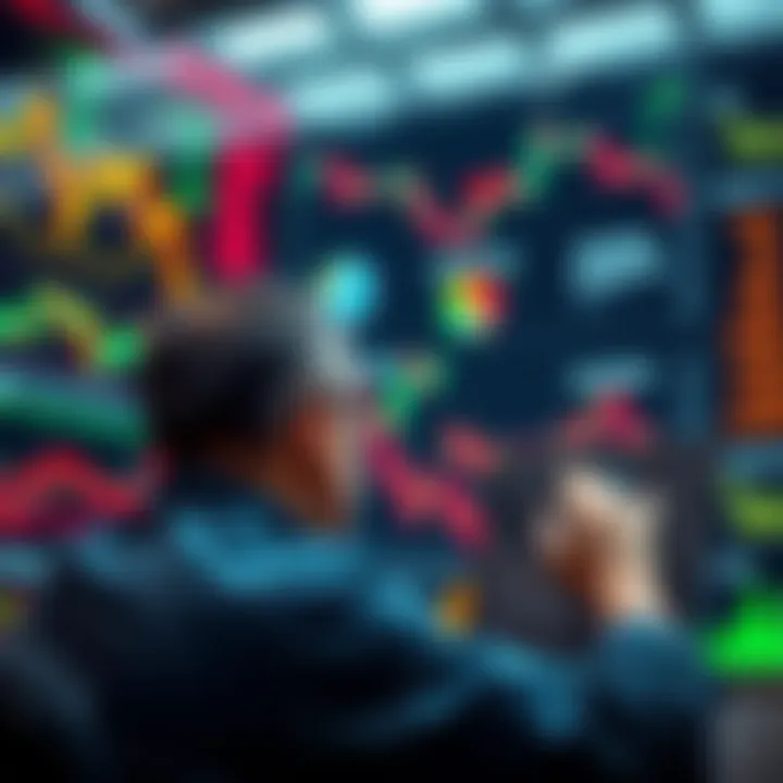 A person reviewing market charts and financial data, contemplating their investment decisions, surrounded by stock market symbols and graphs.