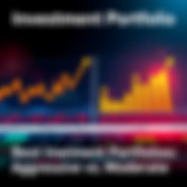 A graphic showing the differences between aggressive and moderate investment portfolios with charts and arrows indicating performance