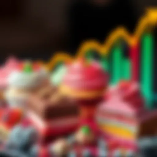 Colorful desserts and financial graphs symbolizing portfolio growth