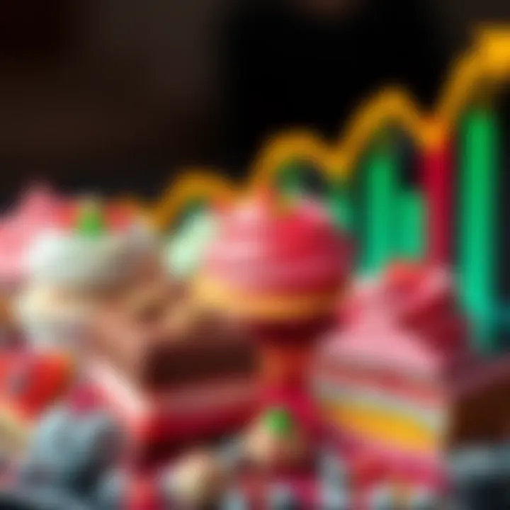 Colorful desserts and financial graphs symbolizing portfolio growth