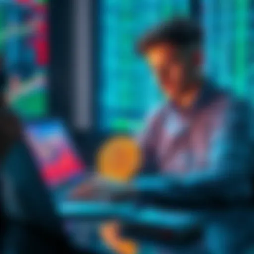 A young European analyzing investment options between Bitcoin and stocks on a laptop with charts and graphs displayed.