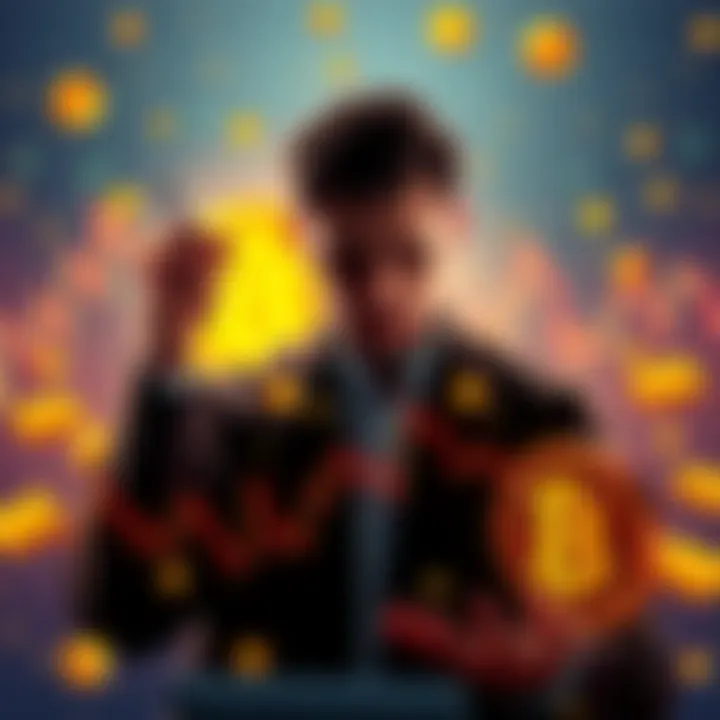 An investor looking at a Bitcoin chart with a focus on the price point of 90k, surrounded by symbols of gold and AI technologies.