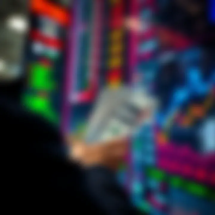 A person with cash in hand looking at stock prices on a digital screen, contemplating an investment decision during a market dip.