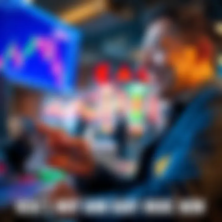 An investor smiling while looking at stock charts showing a dip, preparing to buy more shares