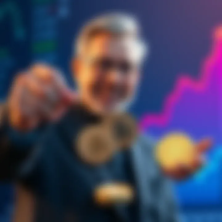 An experienced investor holding Bitcoin coins, expressing confidence in Bitcoin's future growth, with the backdrop of a rising graph symbolizing market recovery.