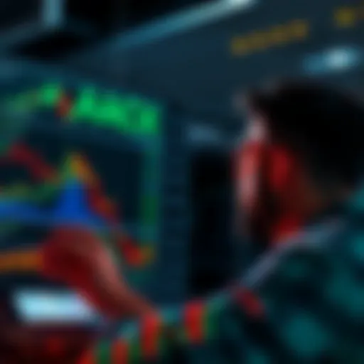 An individual looking at a chart of cryptocurrency returns next to stock market graphs, pondering investment choices