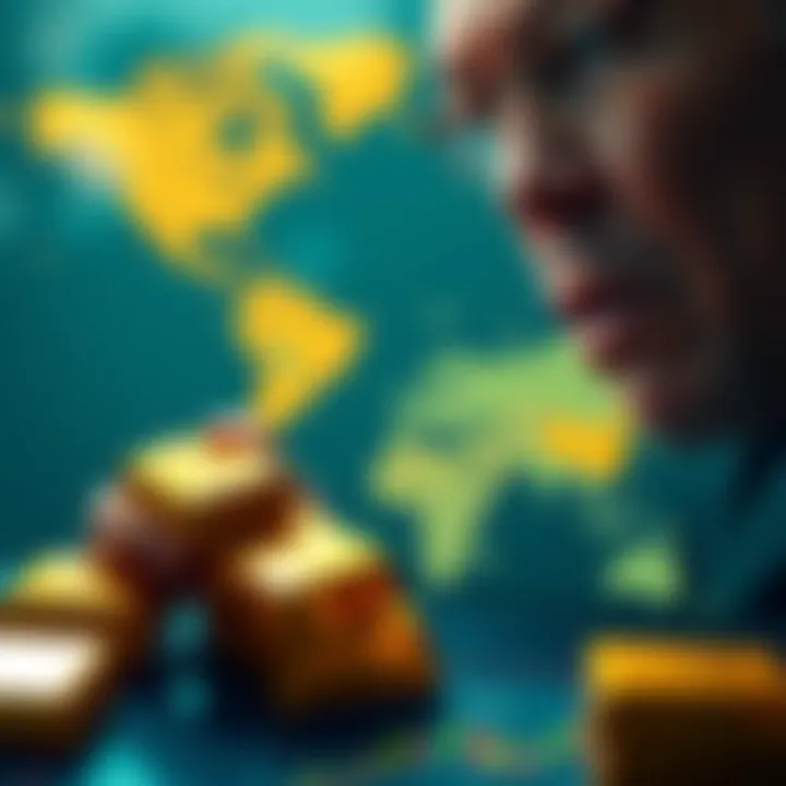 An investor looks uncertainly at gold bars and a digital map showing Atlas Earth properties, pondering the best investment choice.