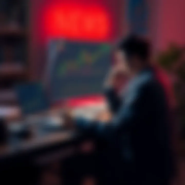 An investor sits at a desk looking worried while analyzing charts of HBAR and BTC prices on a laptop screen, reflecting on their financial loss.