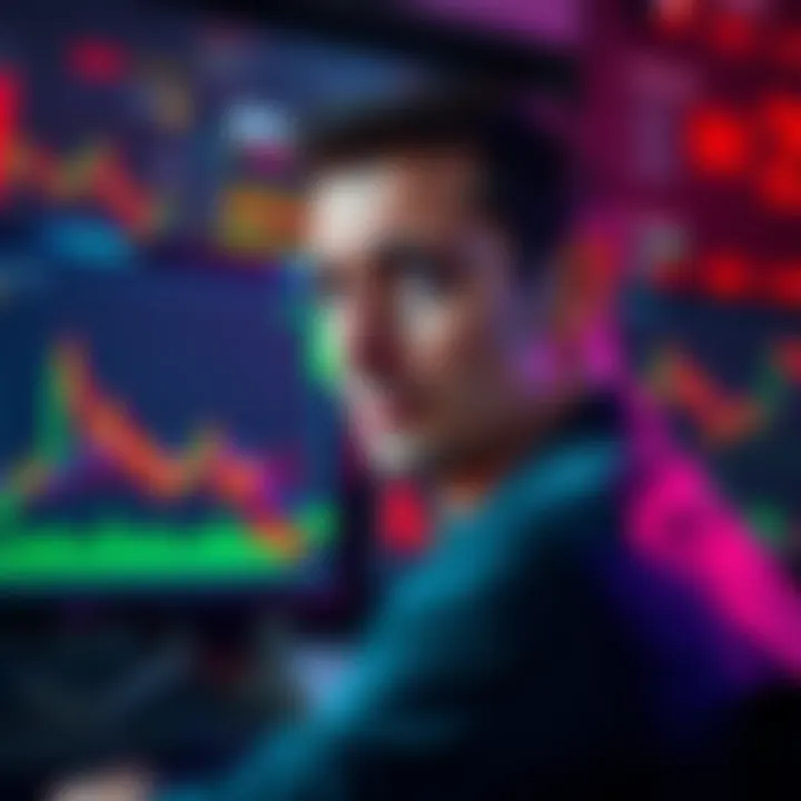 An investor looking worried while analyzing crypto market charts, showing a significant drop in values on screens around him