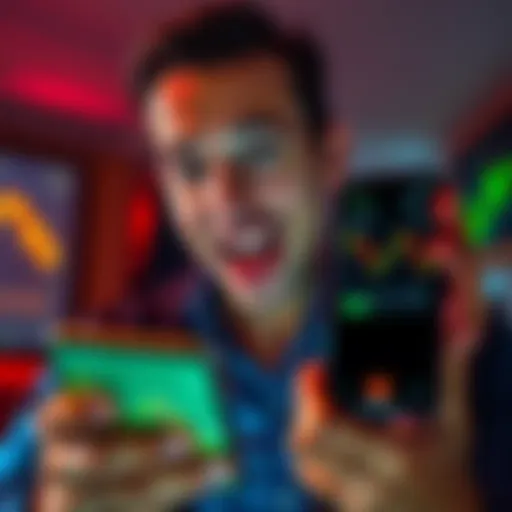 Investor looking shocked and amused while holding a smartphone, showing a declining crypto chart