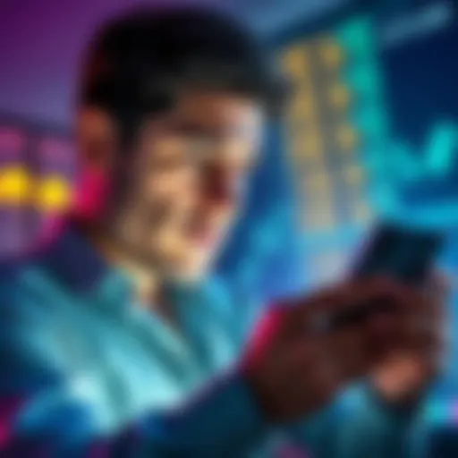 Investor looking at their crypto portfolio with a worried expression, holding a smartphone and showing a downward trend in their investments