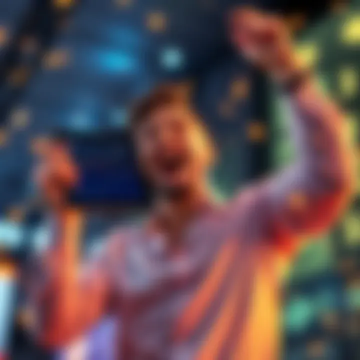 An excited investor holds a tablet displaying rising cryptocurrency charts, celebrating their unexpected gain from 1 million to 10 million $ONE.