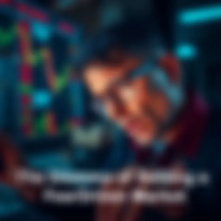 A concerned investor looking at stock charts with a worried expression, reflecting the emotional struggle of selling in a fear-driven market