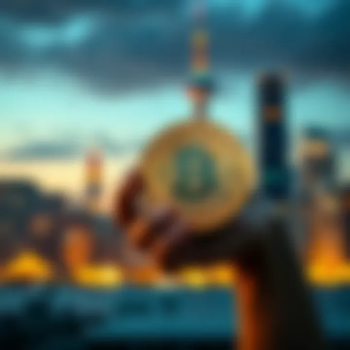 A person holding a Bitcoin with a backdrop of a city skyline, symbolizing the investment journey and future potential of cryptocurrency.