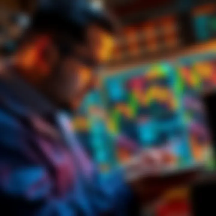 A focused investor examines charts and data on a tablet, considering buying coins at .103 after selling at .1515.