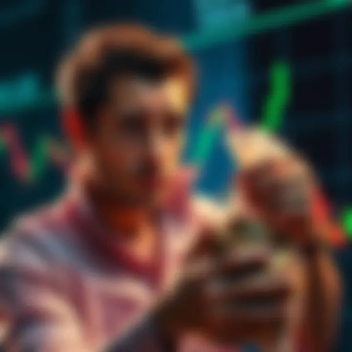 Investor Selling Coins An investor looks concerned while holding a bag of coins, signaling a recent sale. Graph showing a price drop in the background.