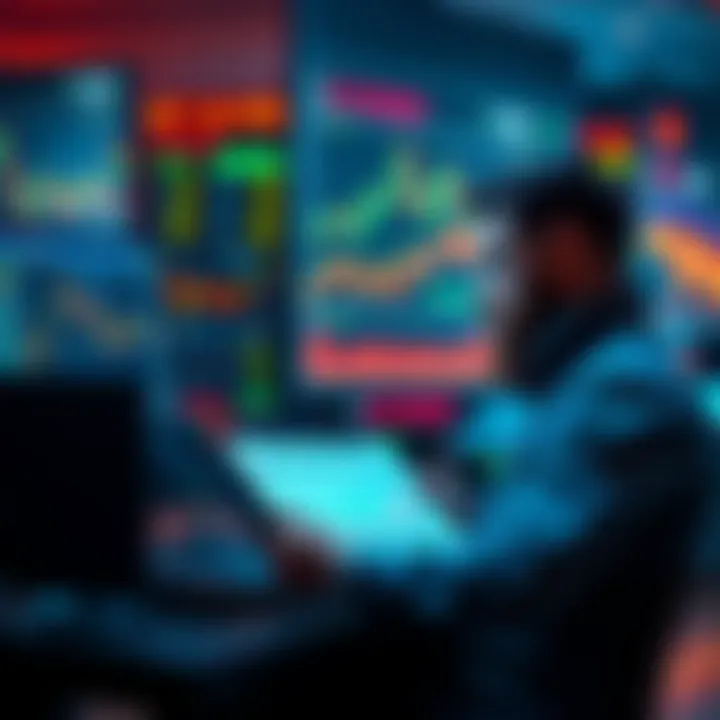 An investor reviewing financial reports with stock charts on a screen while deciding to liquidate multiple stocks to lower average costs.