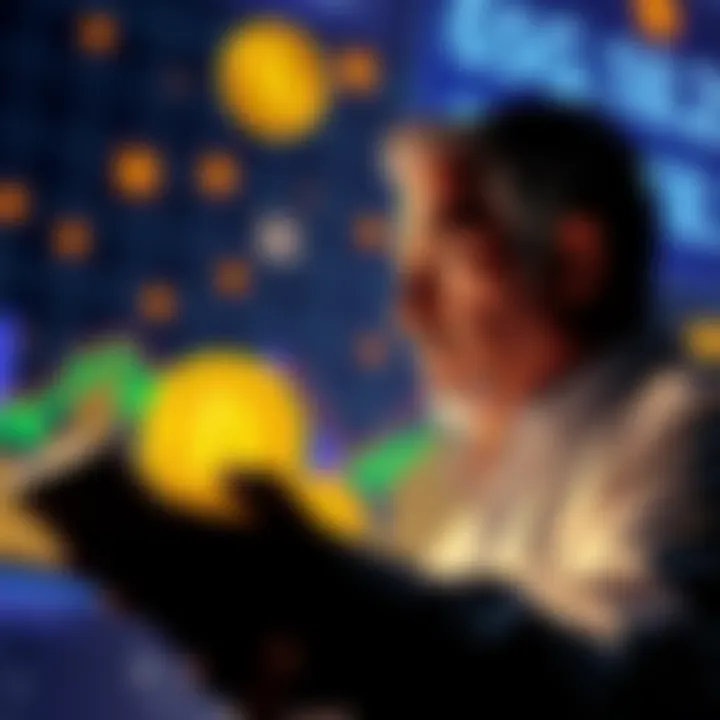 An investor looking at a declining Bitcoin price chart, contemplating a future buyback, with Bitcoin symbols in the background.