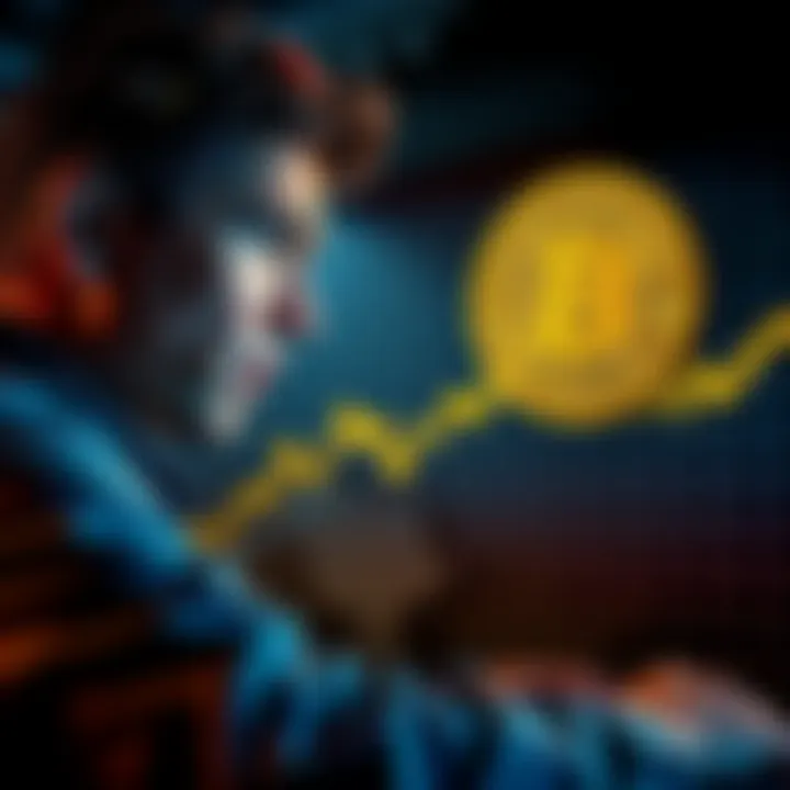 A concerned investor looking at a Bitcoin price chart showing a steep rise and potential drop, expressing anxiety over their investment decision.