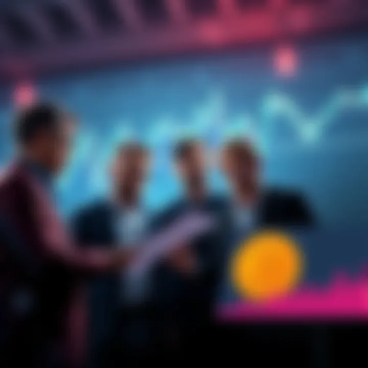 Investors Analyzing Bitcoin and Ethereum Prices Group of investors discussing their target prices for Bitcoin and Ethereum, looking at charts and graphs.