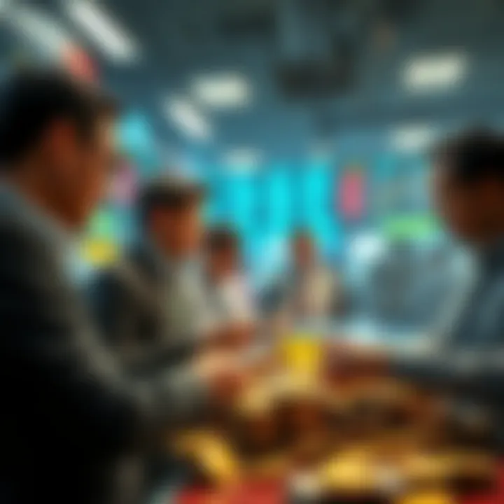 Investors Buying Coins Group of investors discussing and purchasing coins priced under 10 cents in a market setting