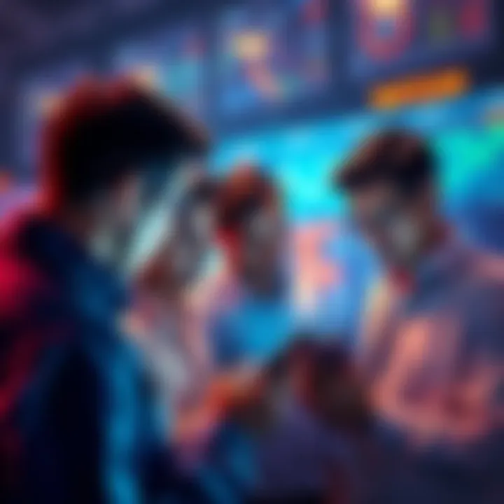 A group of investors looking at charts on their phones, discussing SHIB's price movements and potential buying decisions.