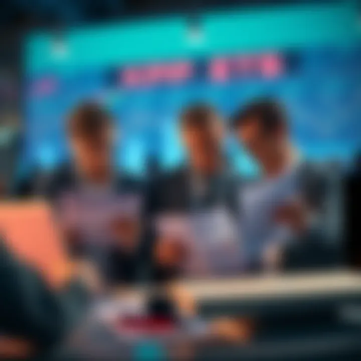 A group of investors reviewing charts and documents related to XRP ETFs, symbolizing growing interest in the cryptocurrency market.