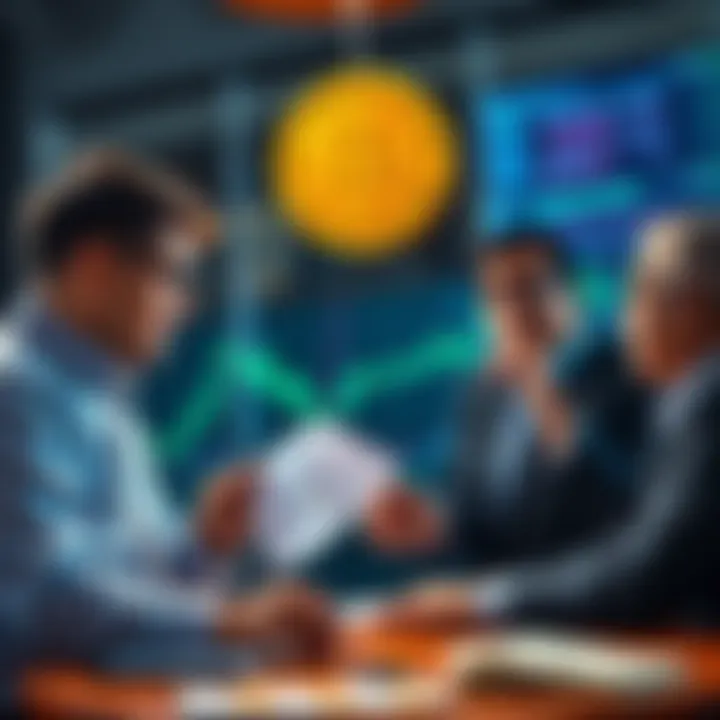 Group of institutional investors discussing Bitcoin and its market potential with charts and graphs in front of them.