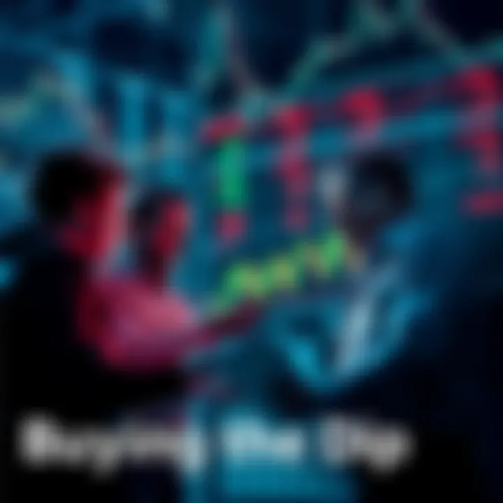 A group of investors looking at stock market charts and discussing strategies for buying during market dips.
