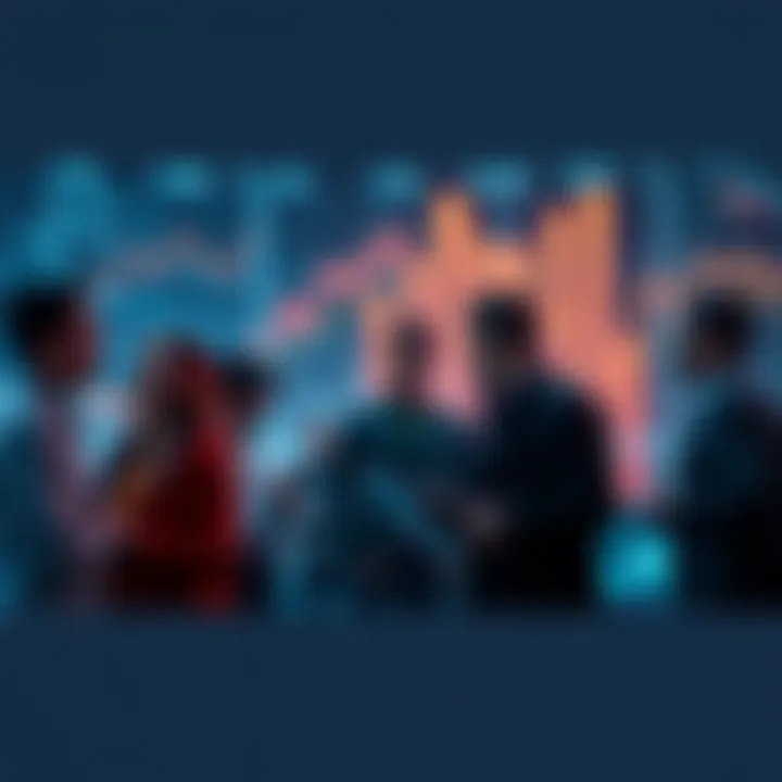 A group of investors discussing strategies with charts and graphs in the background