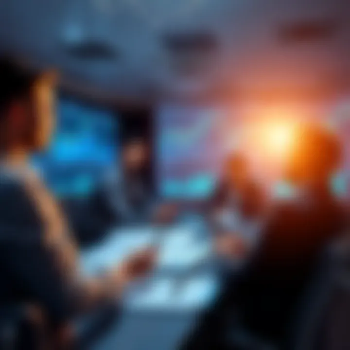 A group of investors looking at financial charts and discussing market trends in a conference room