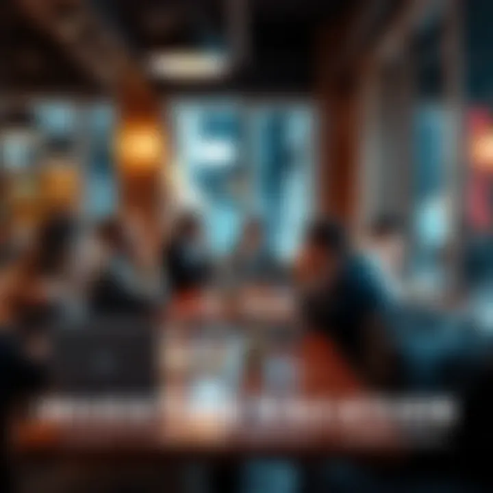 A group of worried investors sitting at a cafe, discussing their financial concerns while looking at stock charts on their laptops.