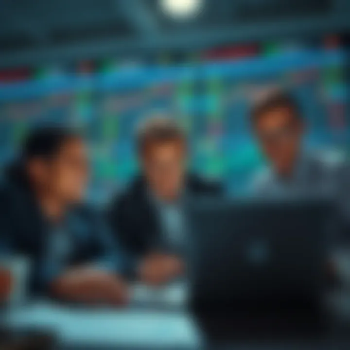 Investors Buying the Dip A group of investors looking at stock market charts on a laptop, showing signs of market volatility and stock prices fluctuating, with a concerned but hopeful expression.