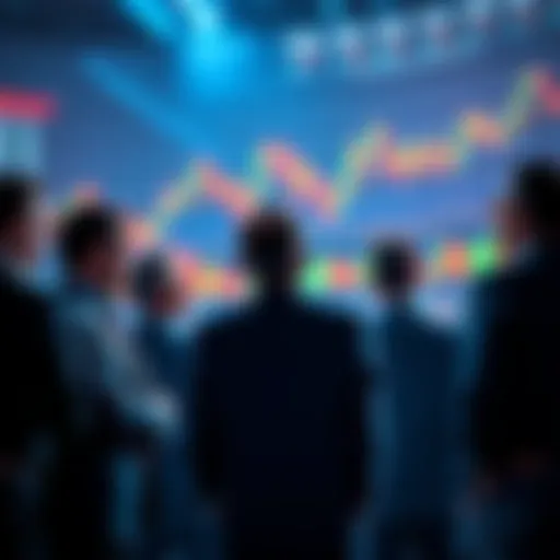 A group of investors discussing strategies with charts in the background, emphasizing market opportunities.