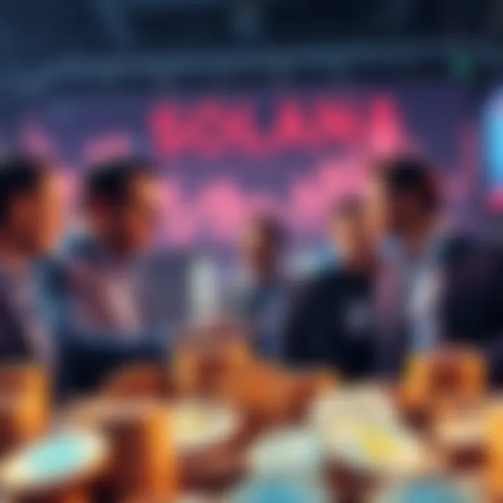 A group of people discussing cryptocurrency investments with Solana coins in the foreground