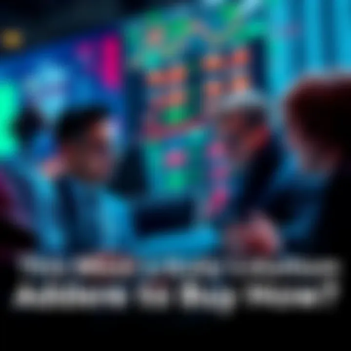 A group of investors reviewing stock charts and discussing market trends, looking optimistic about buying opportunities.