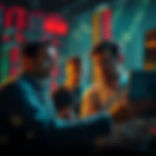 A small group of investors anxiously reviewing stock charts with worried expressions, surrounded by falling numbers on a screen.