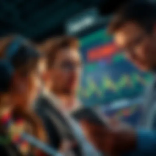 A group of investors looking at market charts with expressions of urgency and concern, highlighting the impact of FOMO on trading decisions.