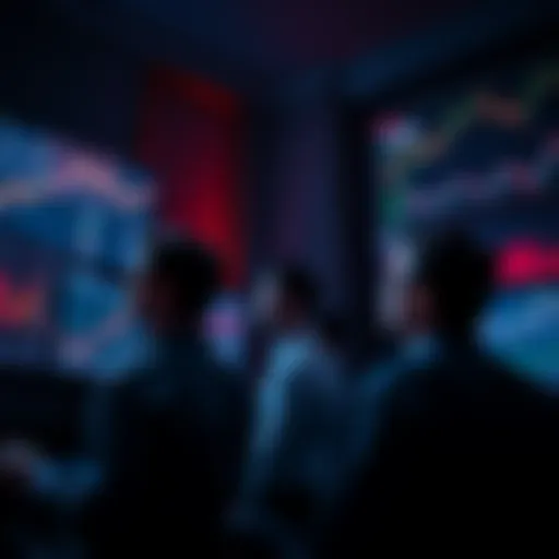 Group of worried investors monitoring plummeting charts on screens in a dimly lit room