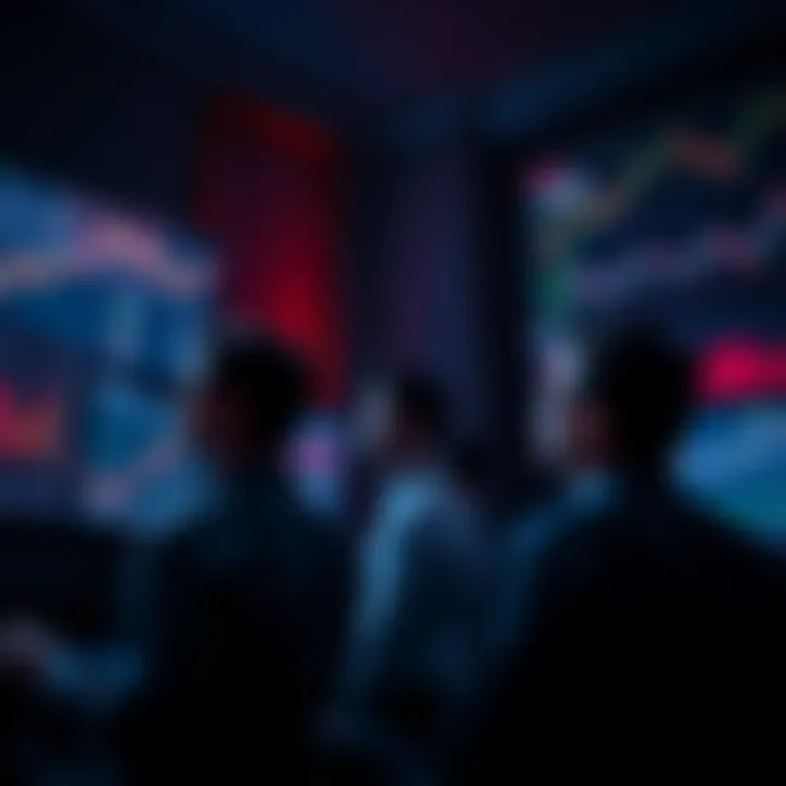 Group of worried investors monitoring plummeting charts on screens in a dimly lit room