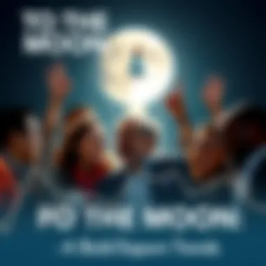 A group of diverse investors excitedly looking at a chart showing rising trends with a graphic of a rocket heading to the moon in the background.