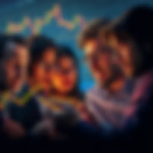 A group of frustrated investors looking at charts showing Gavin's coin plummeting, with expressions of shock and disappointment on their faces.
