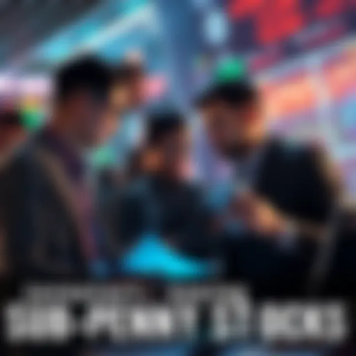 A group of investors looking at stock charts and discussing options for buying stocks priced below .000009.