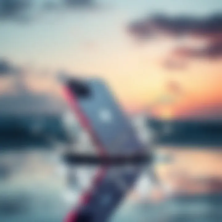 iPhone Duo displayed on a beach with water splashes around it, showcasing its dust and water resistance features