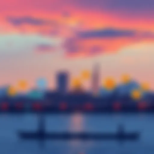 Illustration showing Iran's skyline with cryptocurrency symbols like Bitcoin and stablecoins overlaying the scene, representing economic strategy against US sanctions