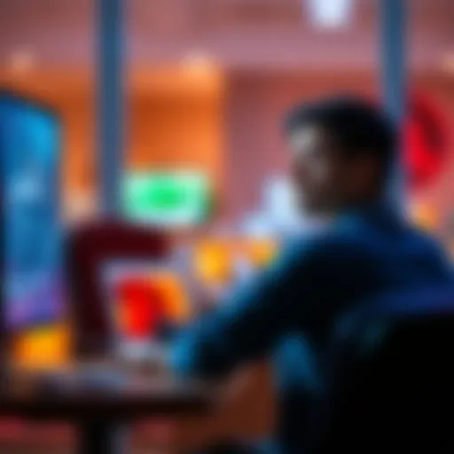 A person sitting alone at a computer, looking uncertain about participating in an online forum. The background shows a blurred screen with a chat interface, symbolizing online interaction. Their expre...